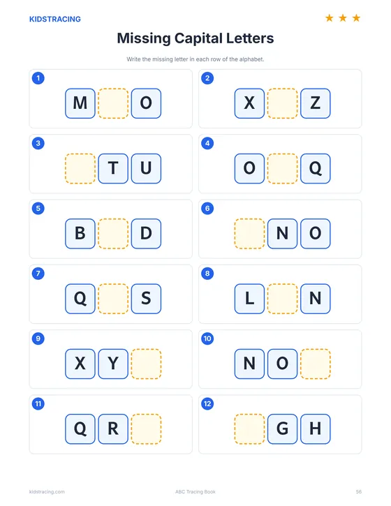 Missing capital letters page from the ABC Tracing Book alphabet games