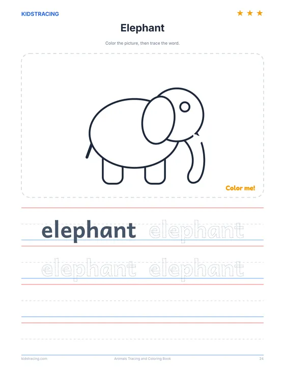 Elephant page from the Animals Tracing and Coloring Book with an outline to color