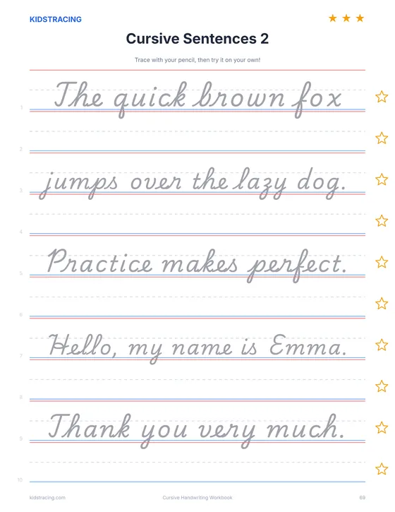 Cursive sentences page from the Cursive Handwriting Workbook
