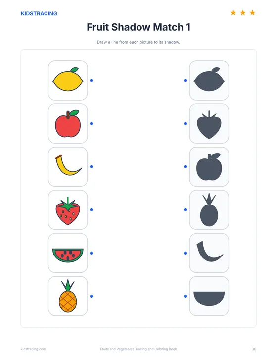 Fruit shadow matching page from the Fruits and Vegetables Tracing and Coloring Book