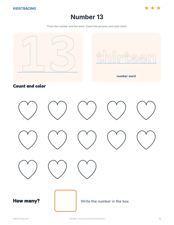 Number 13 page from the Number Tracing Book with thirteen hearts to count and color