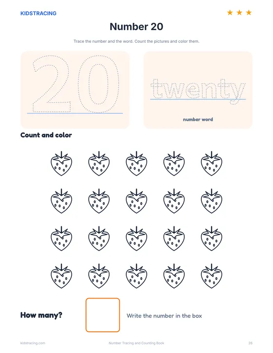 Number 20 page from the Number Tracing Book with twenty strawberries