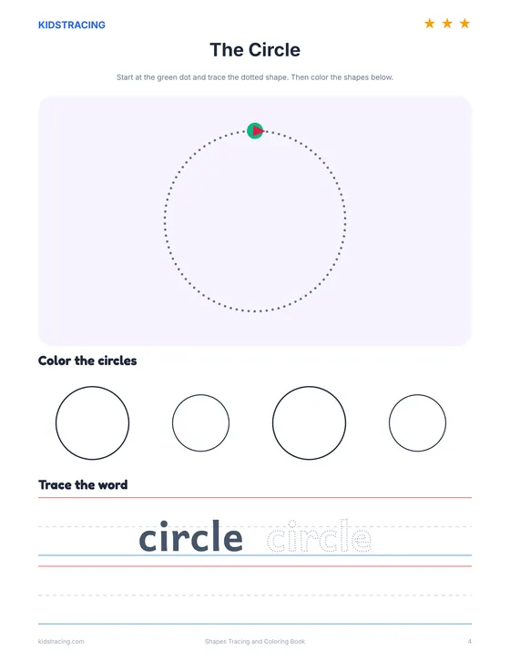 The circle page from the Shapes Tracing and Coloring Book with a dotted circle to trace